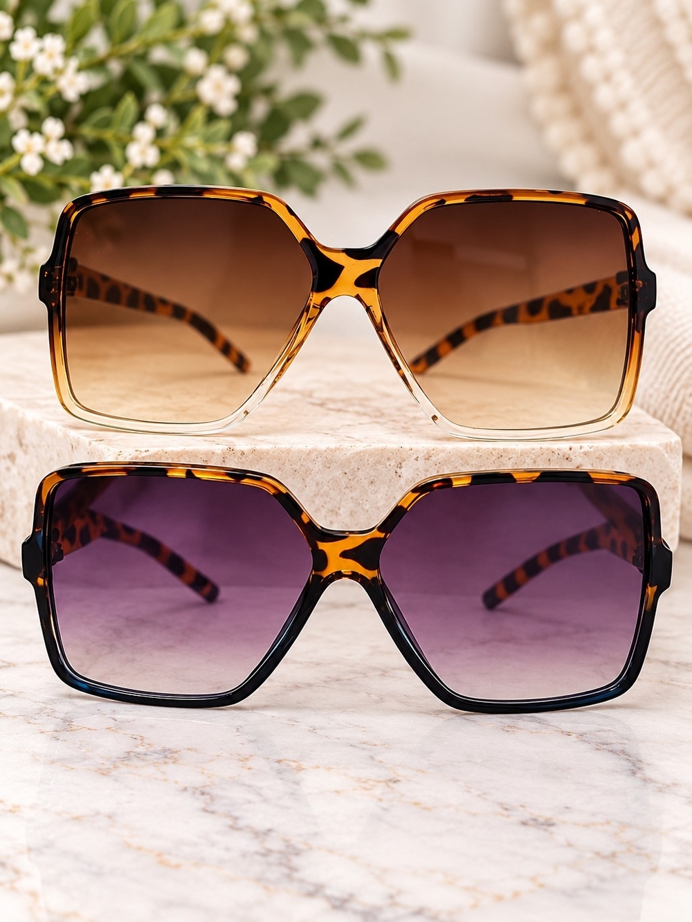 2 Pair Set Oversized Tortoiseshell Gradient Sunglasses Brown Purple